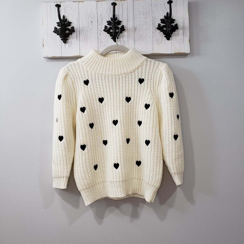 Anthropologie Cream Black Heart Chunky Knit Sweater XS